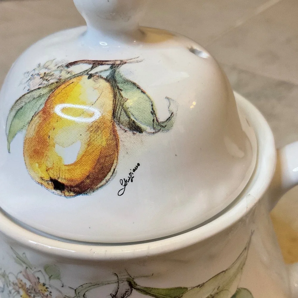 Arthur Wood & Son Staffordshire England Fruit Teapot 6420 Plum Cherry Pear White